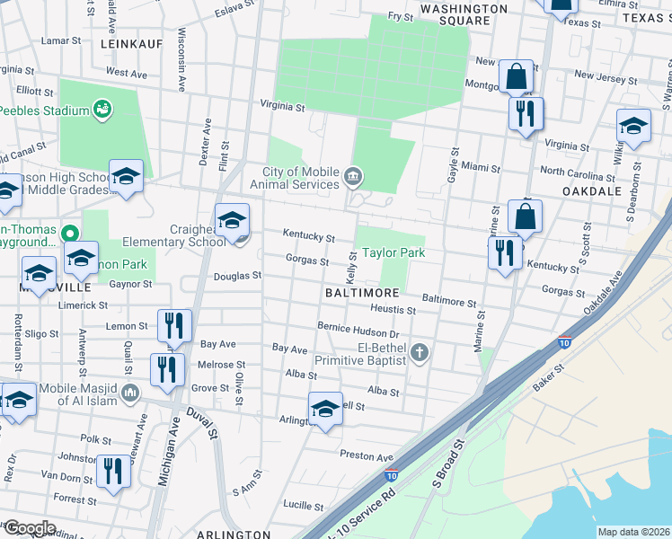 map of restaurants, bars, coffee shops, grocery stores, and more near 900-998 Ross Street in Mobile