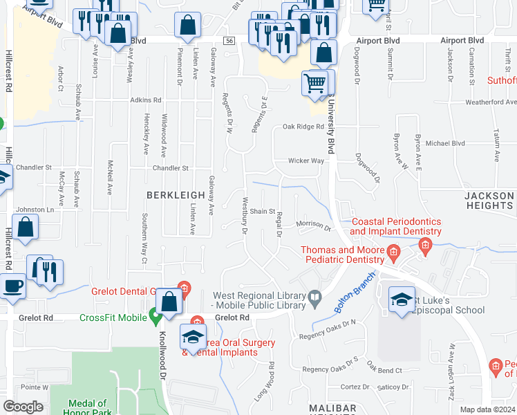 map of restaurants, bars, coffee shops, grocery stores, and more near 5708 Shain Street in Mobile