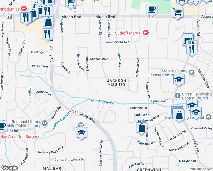 map of restaurants, bars, coffee shops, grocery stores, and more near 4287 Springview Drive in Mobile