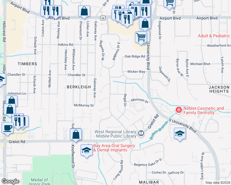 map of restaurants, bars, coffee shops, grocery stores, and more near 1000-1004 Westbury Drive in Mobile