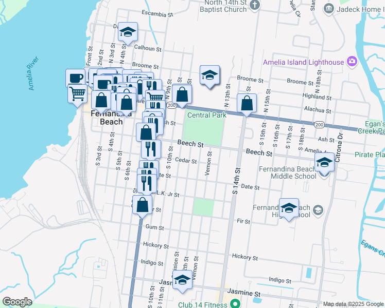 map of restaurants, bars, coffee shops, grocery stores, and more near 222 Division Street in Fernandina Beach
