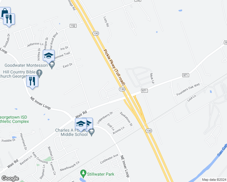 map of restaurants, bars, coffee shops, grocery stores, and more near 1730 Cougar Drive in Georgetown