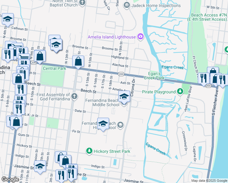 map of restaurants, bars, coffee shops, grocery stores, and more near 1903 Amelia Avenue in Fernandina Beach