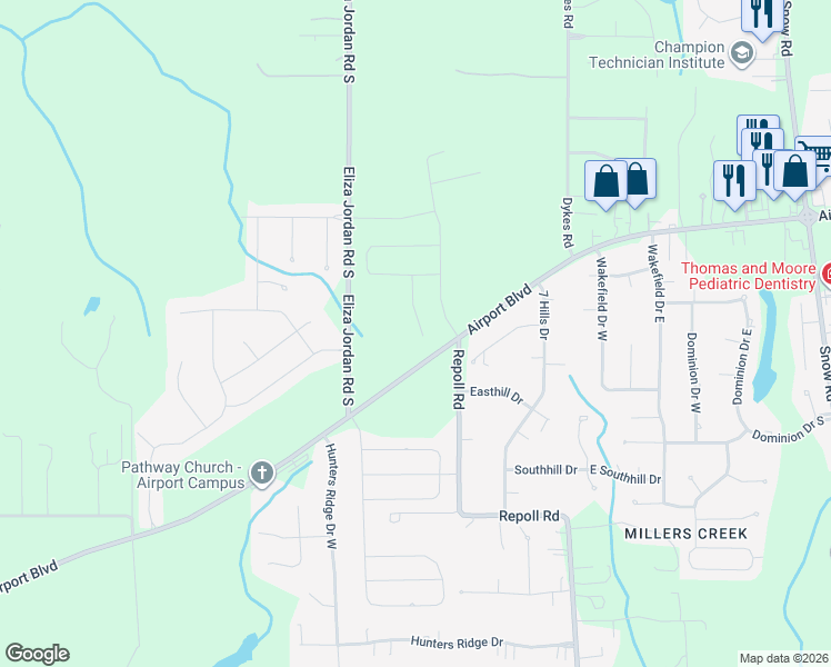 map of restaurants, bars, coffee shops, grocery stores, and more near 10400 Easthill Drive in Mobile