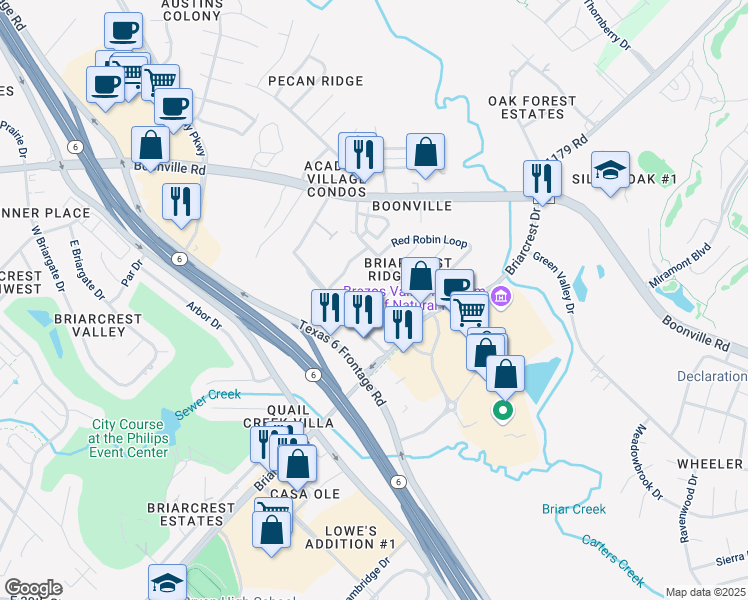 map of restaurants, bars, coffee shops, grocery stores, and more near 2909 Prairie Flower Circle in Bryan
