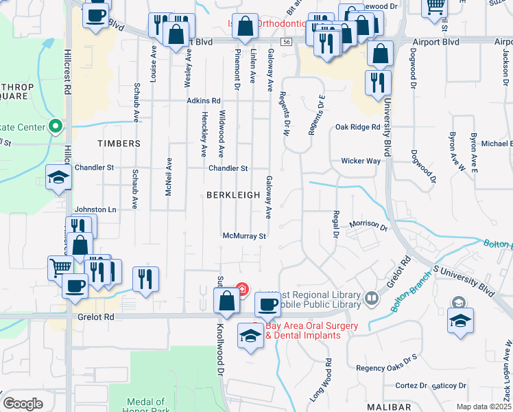 map of restaurants, bars, coffee shops, grocery stores, and more near 1059 Linlen Avenue in Mobile
