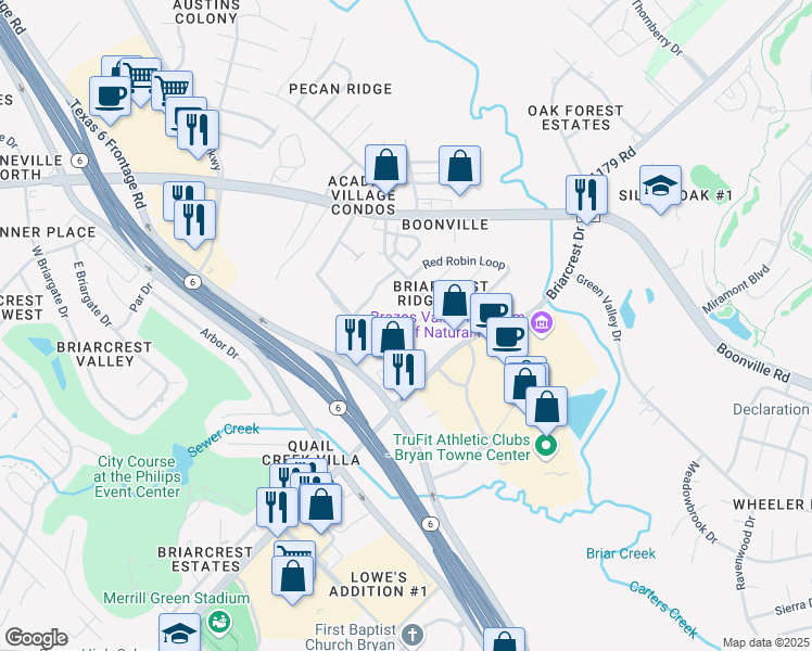 map of restaurants, bars, coffee shops, grocery stores, and more near 2915 Prairie Flower Circle in Bryan