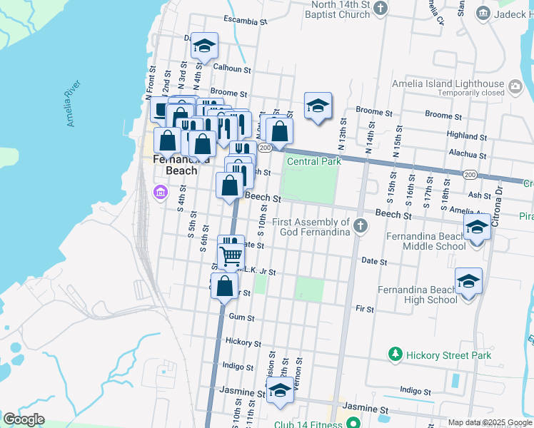 map of restaurants, bars, coffee shops, grocery stores, and more near 214 South 10th Street in Fernandina Beach