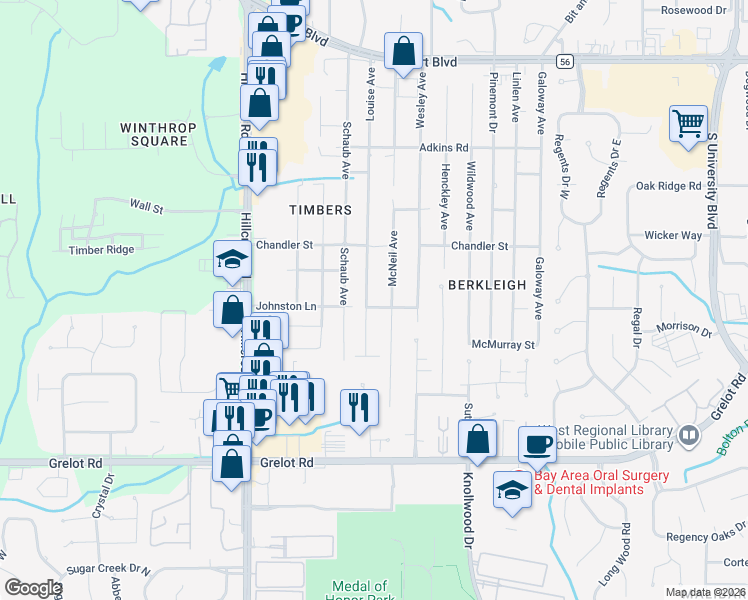 map of restaurants, bars, coffee shops, grocery stores, and more near 1059 Louise Avenue in Mobile