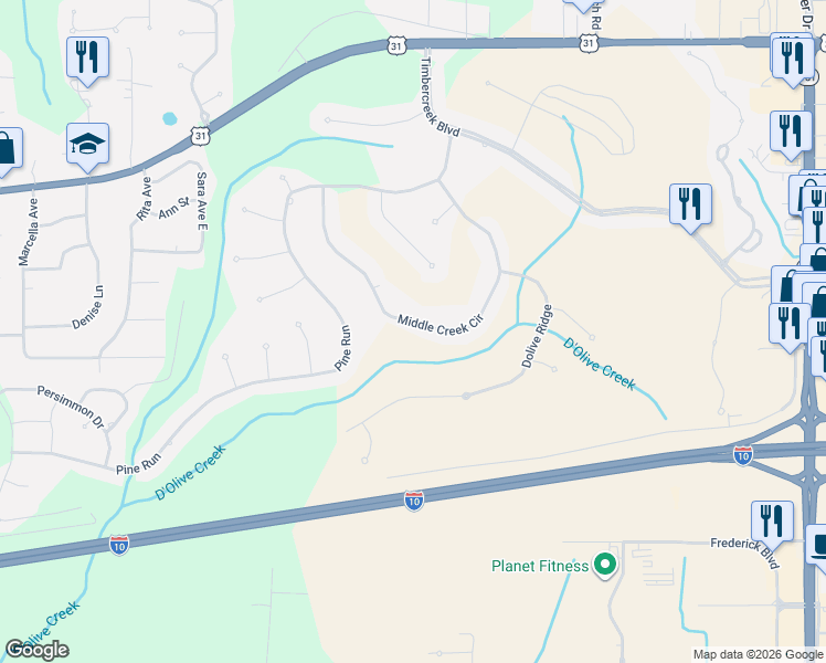 map of restaurants, bars, coffee shops, grocery stores, and more near 30474 Middle Creek Circle in Spanish Fort