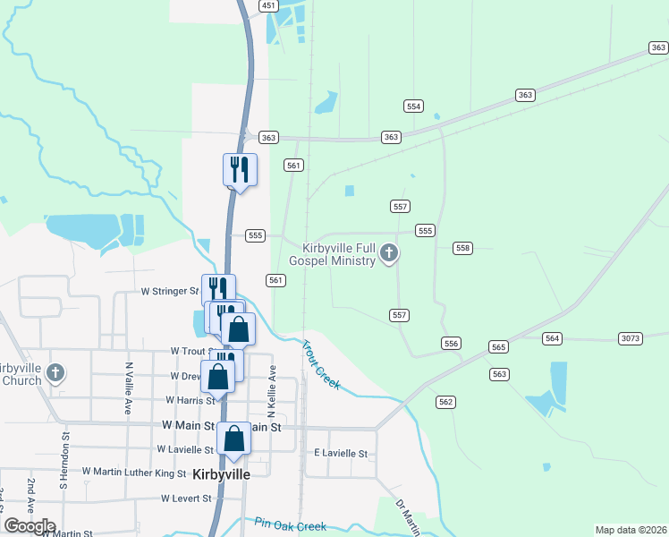 map of restaurants, bars, coffee shops, grocery stores, and more near 183 County Road 559 in Jasper County
