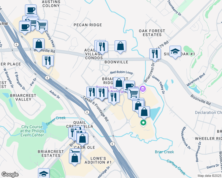 map of restaurants, bars, coffee shops, grocery stores, and more near 2915 Prairie Flower Circle in Bryan