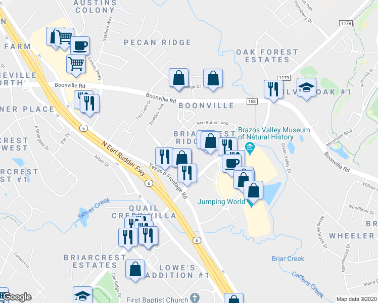 map of restaurants, bars, coffee shops, grocery stores, and more near 2915 Prairie Flower Circle in Bryan