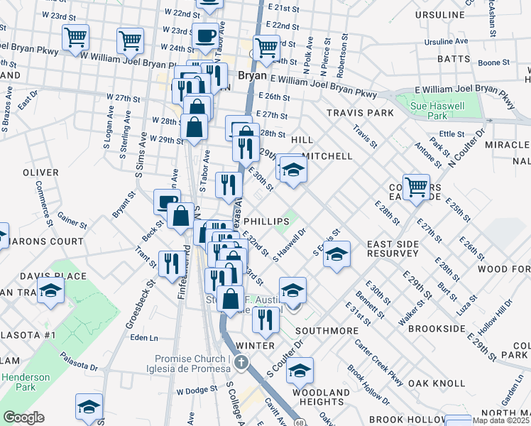 map of restaurants, bars, coffee shops, grocery stores, and more near 1108 Baker Avenue in Bryan