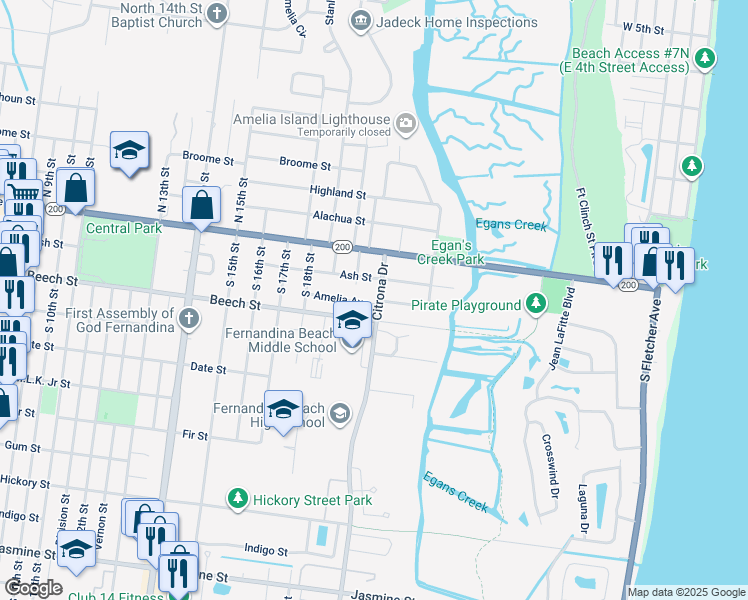 map of restaurants, bars, coffee shops, grocery stores, and more near 111 Citrona Drive in Fernandina Beach