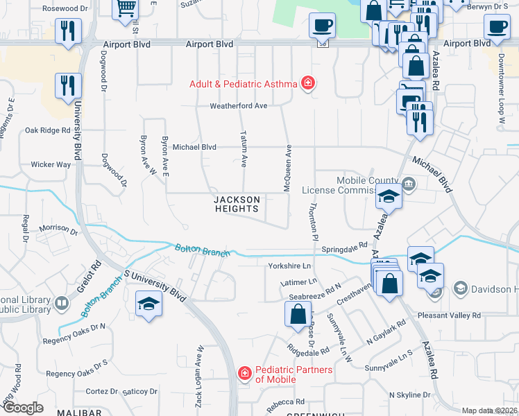 map of restaurants, bars, coffee shops, grocery stores, and more near 406 Saint John Place in Mobile