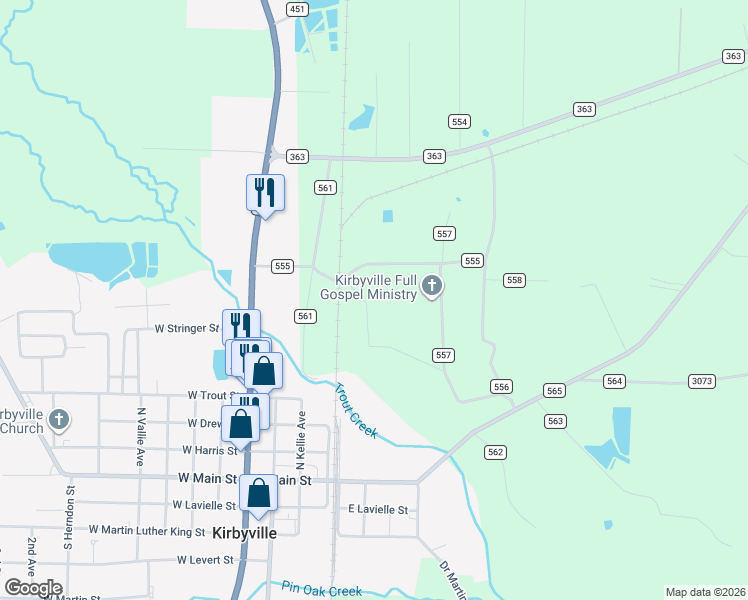 map of restaurants, bars, coffee shops, grocery stores, and more near 183 County Road 559 in Jasper County