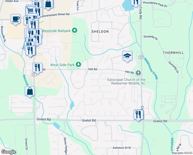 map of restaurants, bars, coffee shops, grocery stores, and more near 7400 Johnson Court in Mobile