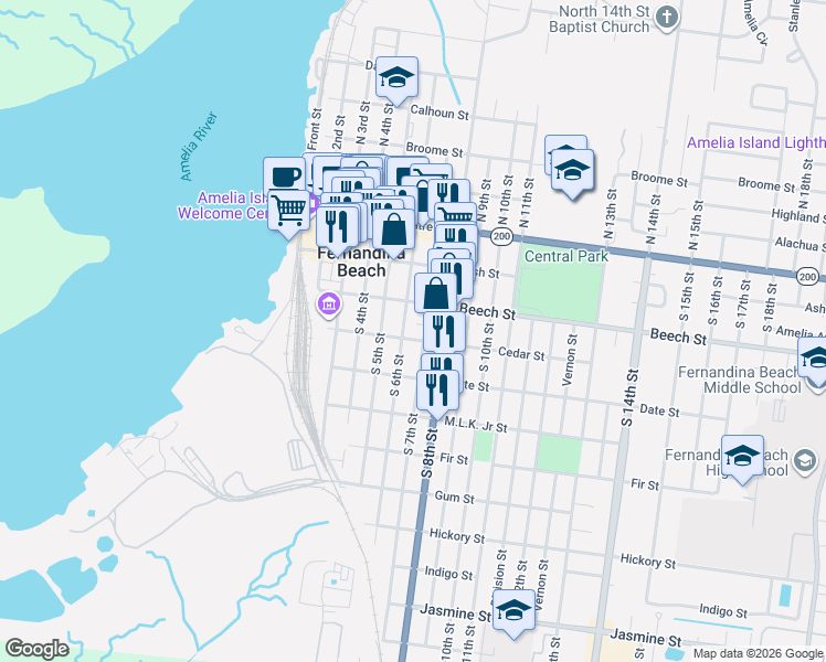 map of restaurants, bars, coffee shops, grocery stores, and more near 227 South 7th Street in Fernandina Beach