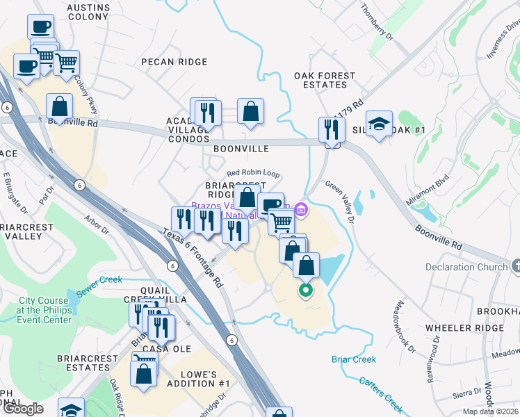 map of restaurants, bars, coffee shops, grocery stores, and more near 3242 Red Robin Loop in Bryan
