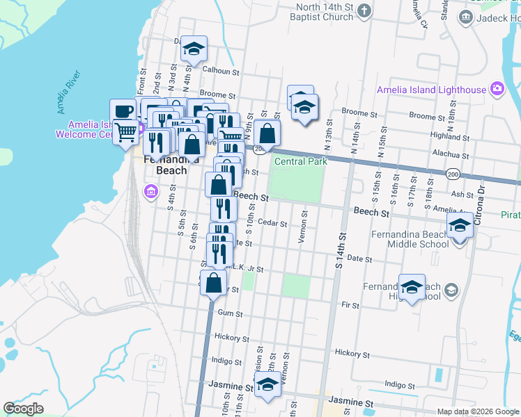 map of restaurants, bars, coffee shops, grocery stores, and more near 214 South 10th Street in Fernandina Beach