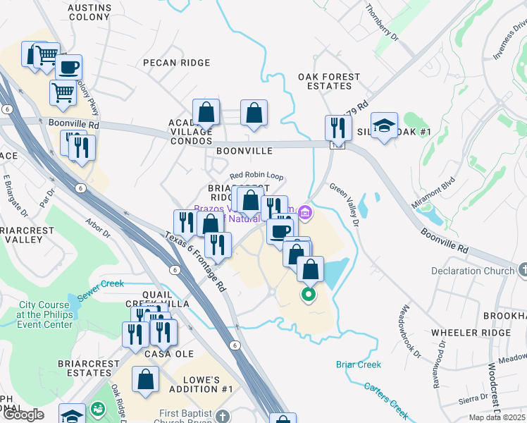 map of restaurants, bars, coffee shops, grocery stores, and more near 3242 Red Robin Loop in Bryan