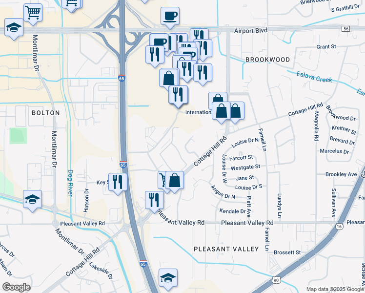 map of restaurants, bars, coffee shops, grocery stores, and more near 500 Wyoming Drive in Mobile