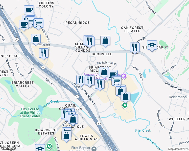 map of restaurants, bars, coffee shops, grocery stores, and more near 2915 Prairie Flower Circle in Bryan