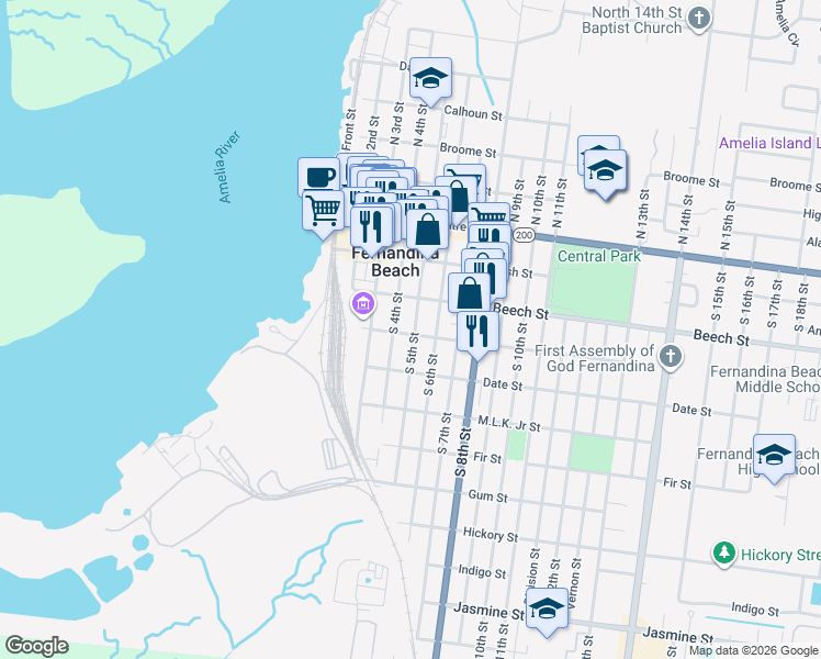 map of restaurants, bars, coffee shops, grocery stores, and more near 229 South 5th Street in Fernandina Beach