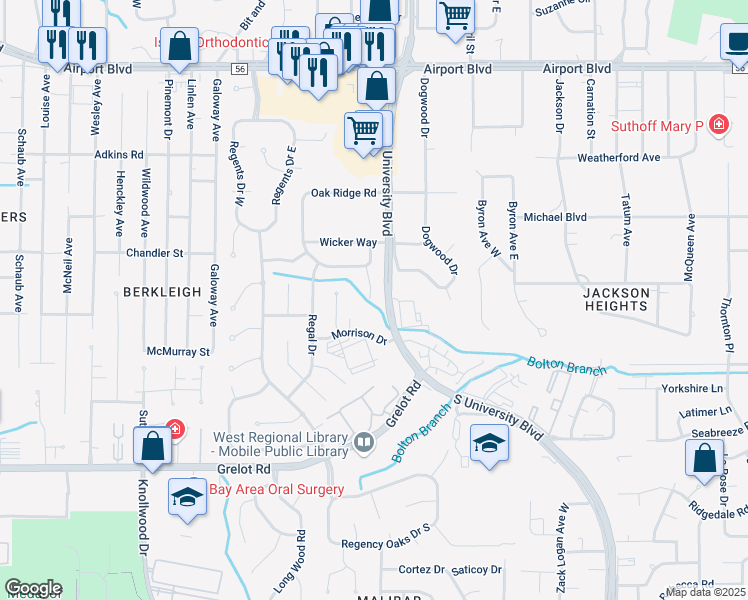 map of restaurants, bars, coffee shops, grocery stores, and more near 471 Hearth Drive in Mobile