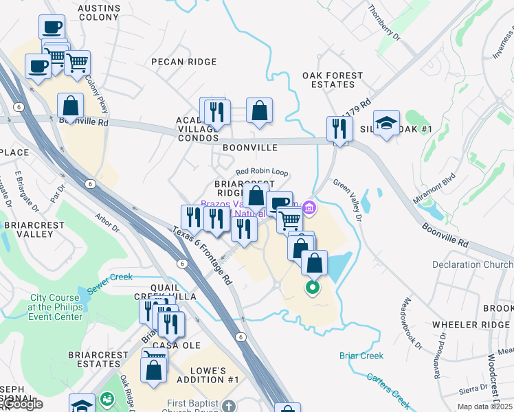 map of restaurants, bars, coffee shops, grocery stores, and more near 3242 Red Robin Loop in Bryan