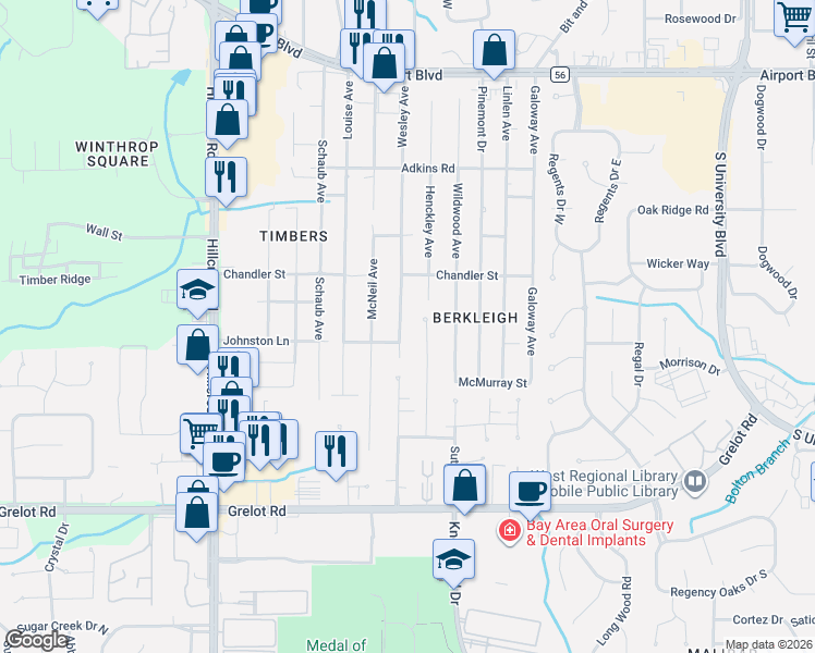 map of restaurants, bars, coffee shops, grocery stores, and more near 1058 Wesley Avenue in Mobile