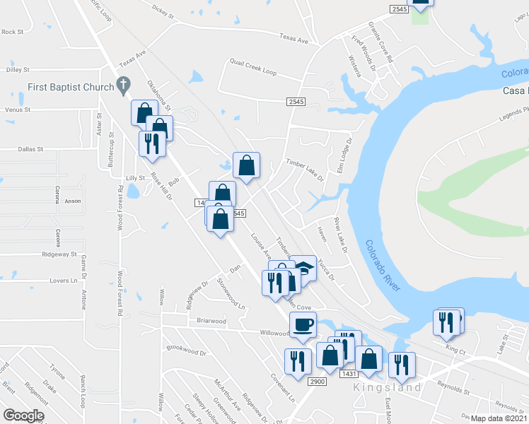 map of restaurants, bars, coffee shops, grocery stores, and more near 108 Timberidge Drive in Kingsland