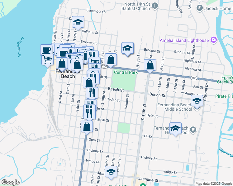 map of restaurants, bars, coffee shops, grocery stores, and more near 212 Division Street in Fernandina Beach