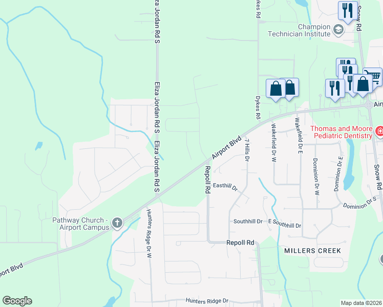 map of restaurants, bars, coffee shops, grocery stores, and more near 10400 Easthill Drive in Mobile