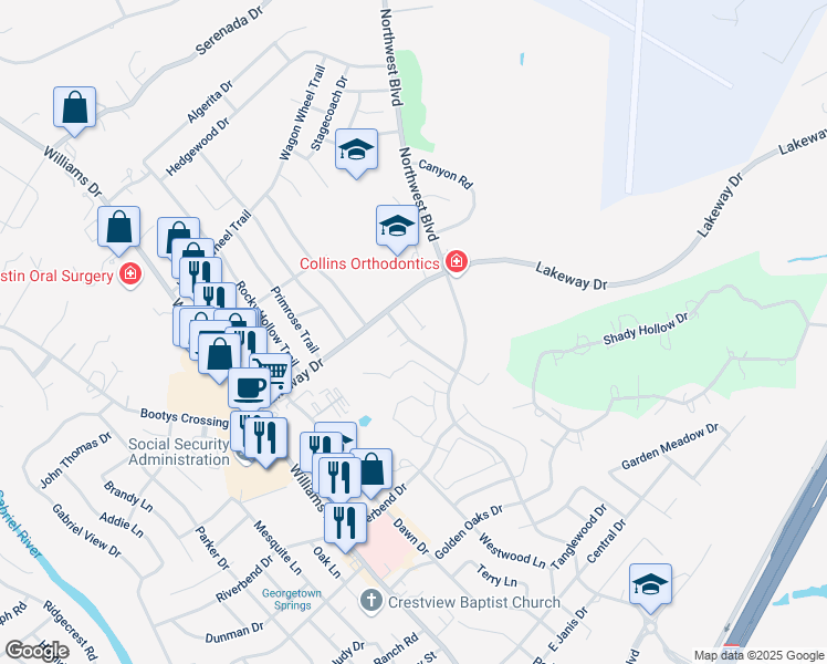 map of restaurants, bars, coffee shops, grocery stores, and more near 3101 Whisper Oaks Lane in Georgetown