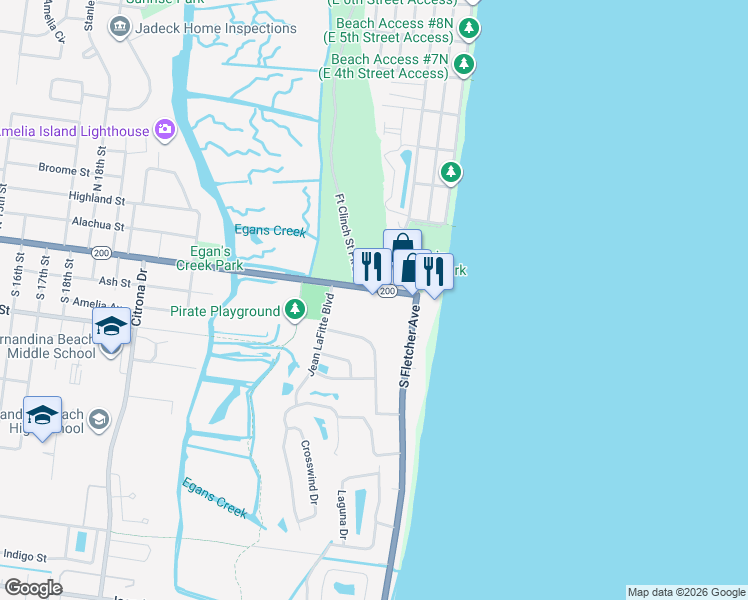 map of restaurants, bars, coffee shops, grocery stores, and more near 2700 Atlantic Avenue in Fernandina Beach