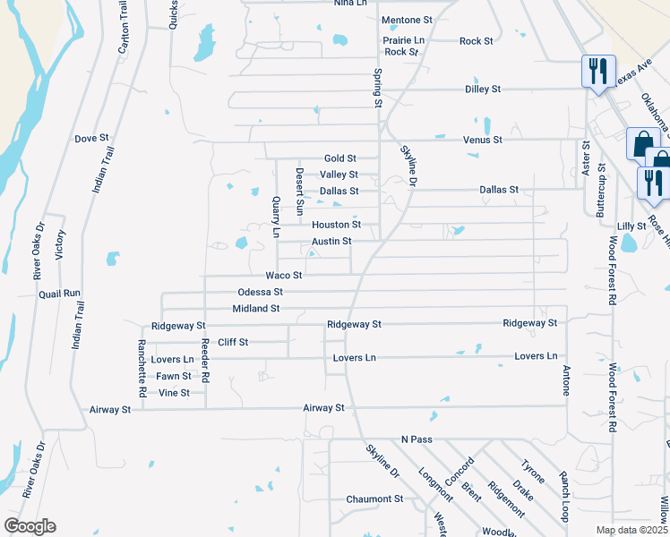 map of restaurants, bars, coffee shops, grocery stores, and more near 610 Waco Street in Kingsland