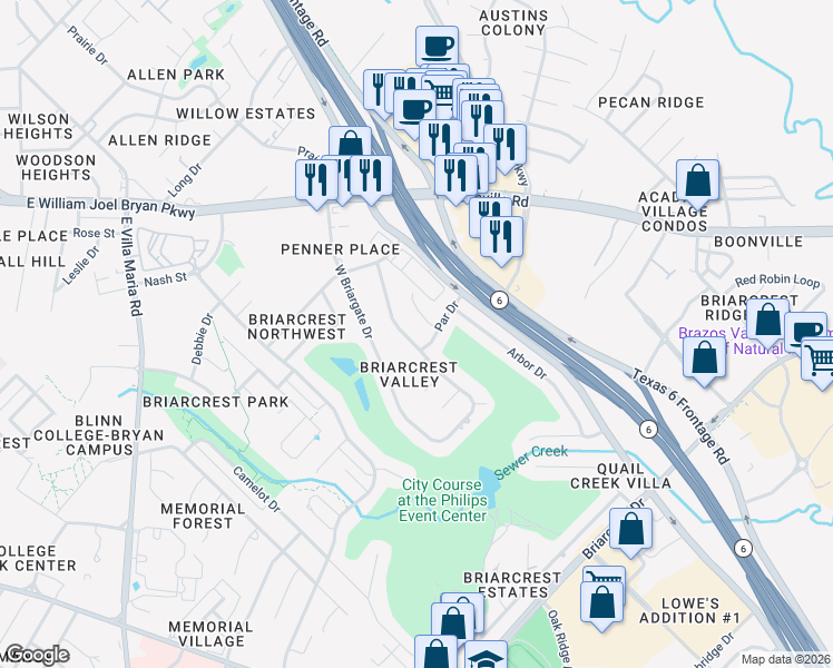 map of restaurants, bars, coffee shops, grocery stores, and more near 2307 East Briargate Drive in Bryan