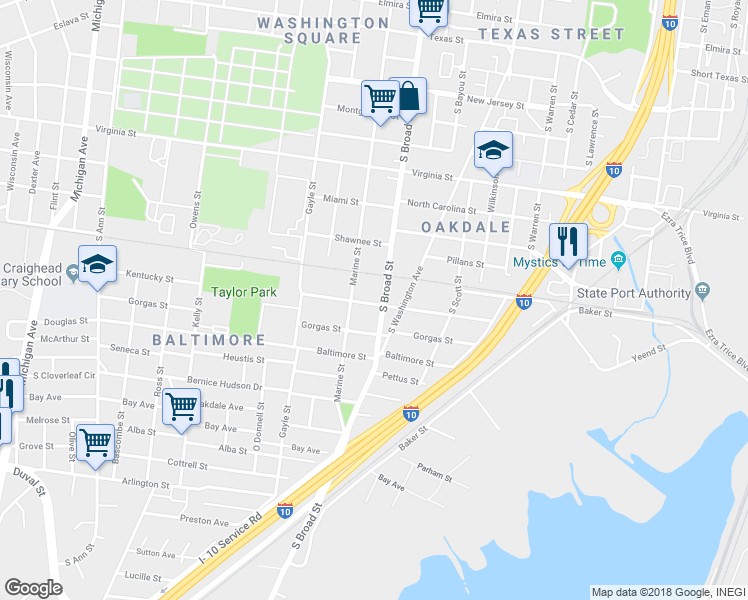 map of restaurants, bars, coffee shops, grocery stores, and more near 912 South Broad Street in Mobile