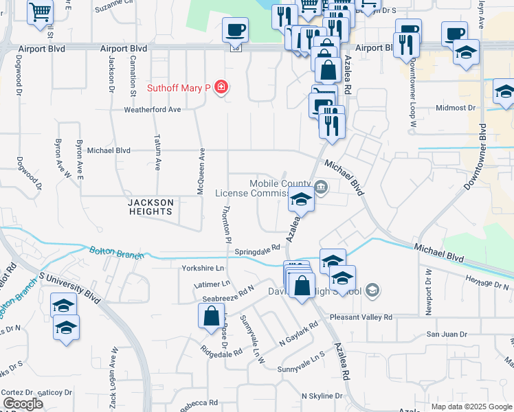 map of restaurants, bars, coffee shops, grocery stores, and more near 414 Laborde Drive in Mobile
