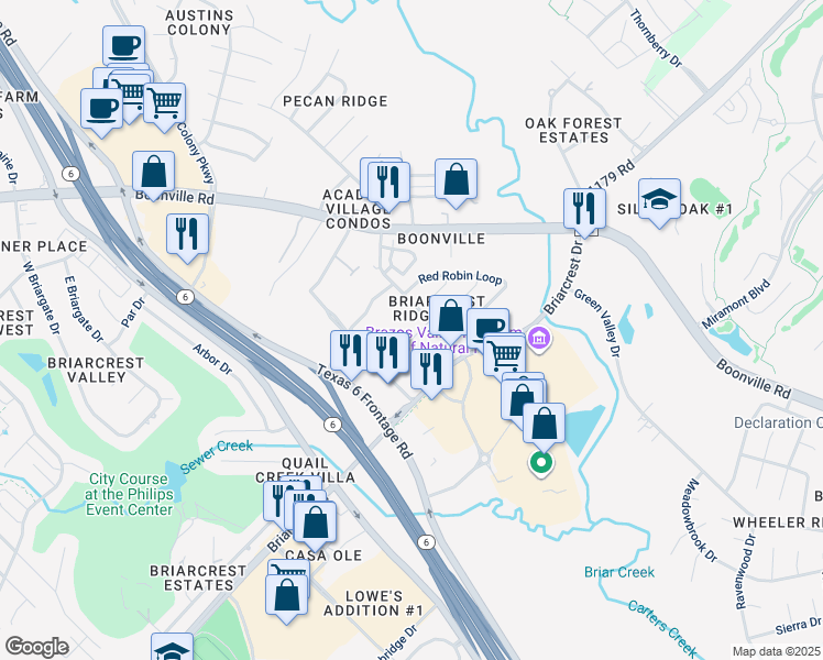 map of restaurants, bars, coffee shops, grocery stores, and more near 2915 Prairie Flower Circle in Bryan