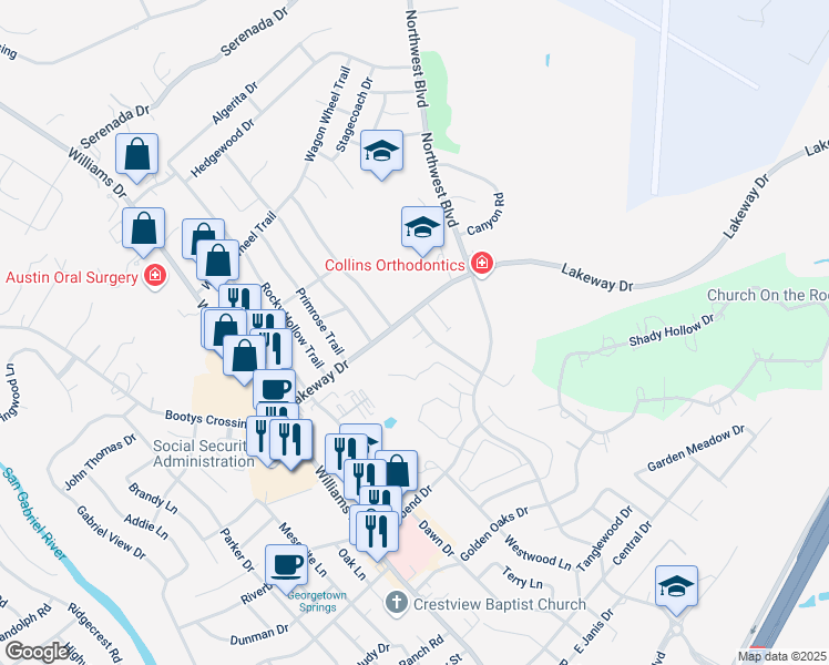 map of restaurants, bars, coffee shops, grocery stores, and more near 3103 Whisper Oaks Lane in Georgetown