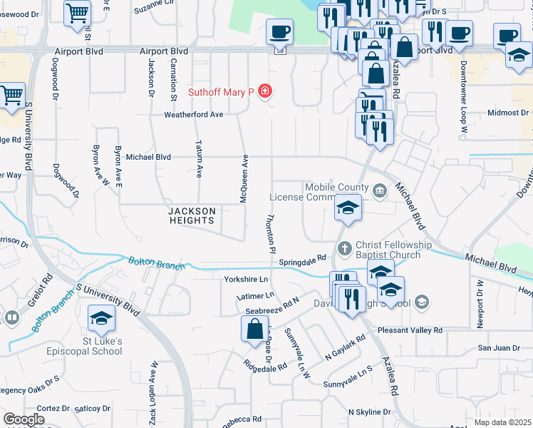 map of restaurants, bars, coffee shops, grocery stores, and more near 413 Thornton Place in Mobile