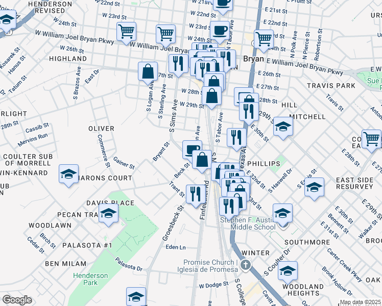 map of restaurants, bars, coffee shops, grocery stores, and more near 708 South Bryan Avenue in Bryan