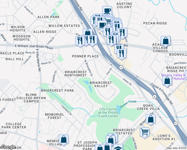 map of restaurants, bars, coffee shops, grocery stores, and more near 2319 West Briargate Drive in Bryan