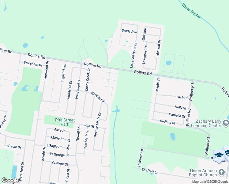 map of restaurants, bars, coffee shops, grocery stores, and more near 6386 Surrey Lane in Zachary