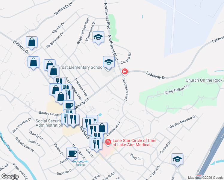 map of restaurants, bars, coffee shops, grocery stores, and more near 3103 Whisper Oaks Lane in Georgetown