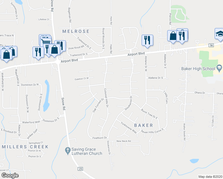 map of restaurants, bars, coffee shops, grocery stores, and more near 9555 Seymour Court in Mobile