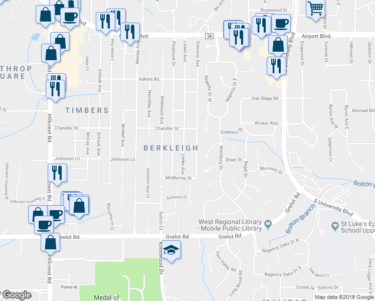 map of restaurants, bars, coffee shops, grocery stores, and more near 1059 Linlen Avenue in Mobile